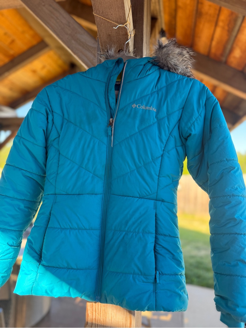 Columbia Teal Quilted Girl’s Hooded Puffer with Faux-Fur Trim